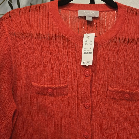 NWT J CREW Featherweight cashmere pointelle shrunken cardigan sweater red Sz L - Picture 4 of 11